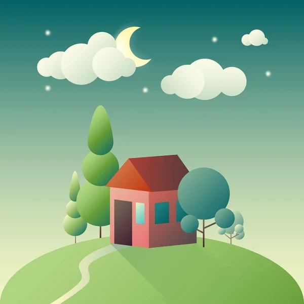 Piatto paesaggio dei cartoni animati con casa solitaria sulla collina — Vettoriale Stock