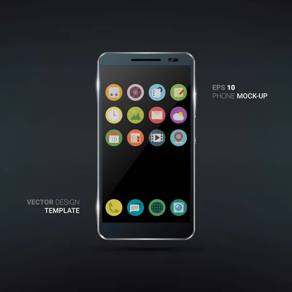 Smartphone preto brilhante com conjunto de ícones planos. Ilustração vetorial realista — Vetor de Stock