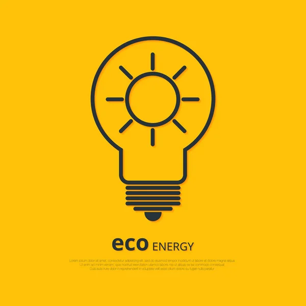 Bombilla de contorno amarillo con sol como logotipo con copyspace sobre fondo naranja. Idea de una fuente ecológica de energía — Archivo Imágenes Vectoriales