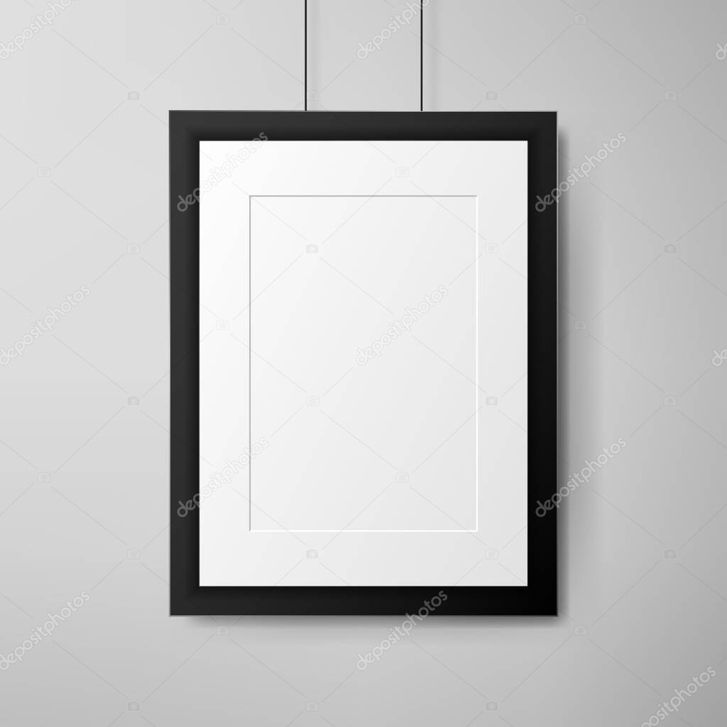 Black frame on white wall. Realistic vector illustration
