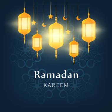 Ramazan kareem vektör poster. Fenerler, yıldızlar ve ay süs arka plan üzerinde. Tebrik kartı