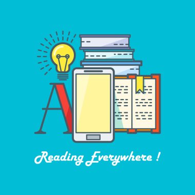 E-kitap okuma kavramı. Hat sanat vektör çizim