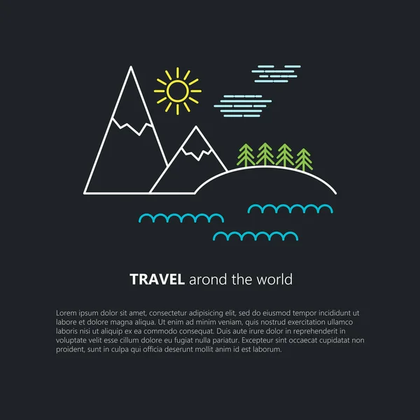Utazási vektor kép. Lefűzés oldalt. Természet, erdő és a hegyek. Utazási koncepció — Stock Vector