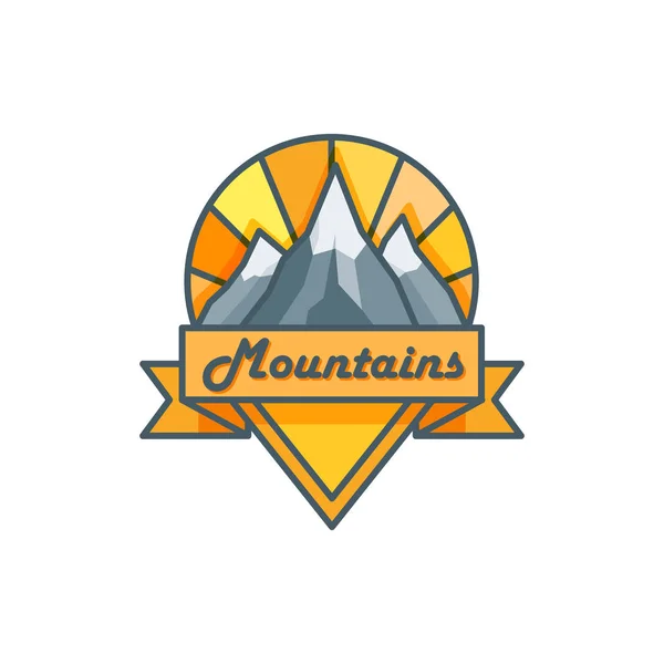 Logo Line Art con montagne, sole e nastro. Concetto di viaggio. Illustrazione vettoriale. Badge con montagne — Vettoriale Stock