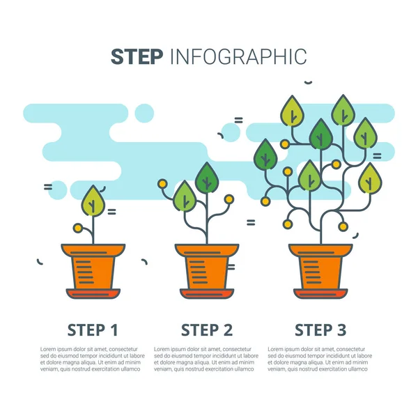 Passo infografica con le piante. Concetto in crescita. Illustrazione della linea vettoriale . — Vettoriale Stock