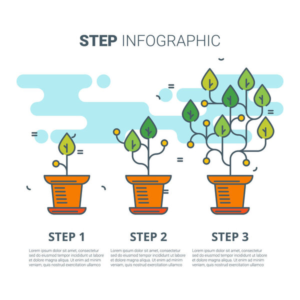 Step infographic with plants. Growing concept. Vector line art illustration.