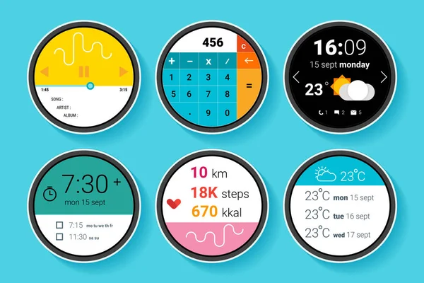 Telas diferentes para smartwatch. Jogador, alarme, relógio, tempo, fitness, calculadora. Ilustração vetorial plana . — Vetor de Stock