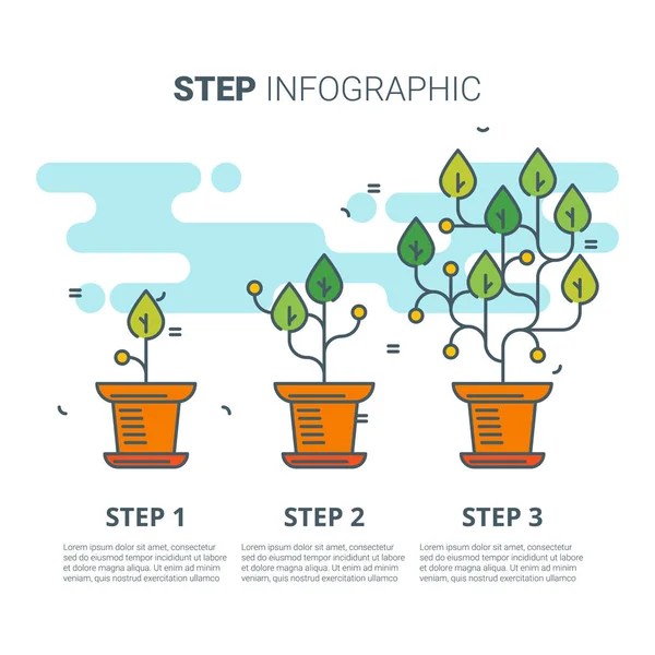 Adım Infographic bitkiler ile. Büyüyen kavramı. Vektör hat sanat çizim. — Stok Vektör