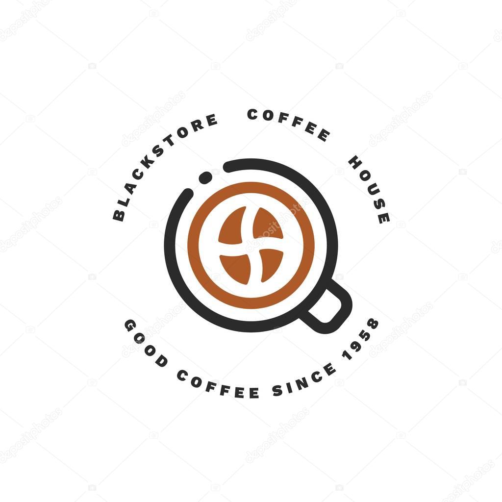 Minimalistic vector logo for coffee shop. Outline logotype with coffee bean and stylized cup