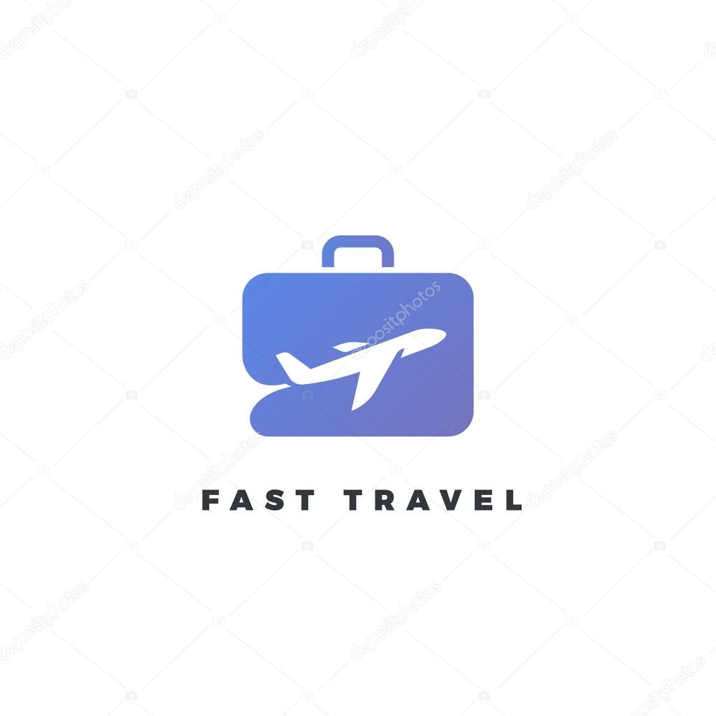 Air travel logo. Silhouette logotype with negative space. Plane and suitcase
