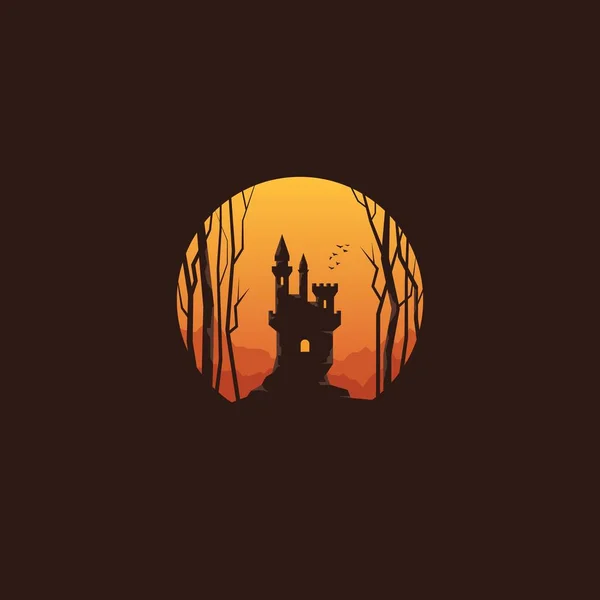 Illustrazione vettoriale piatta della silhouette del castello nella foresta. Manifesto di Halloween — Vettoriale Stock