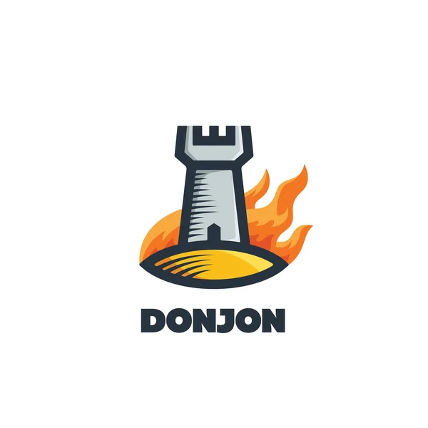 Emblema vetorial plano de torre ou fortaleza em chamas. Esboço logótipo donjon —  Vetores de Stock