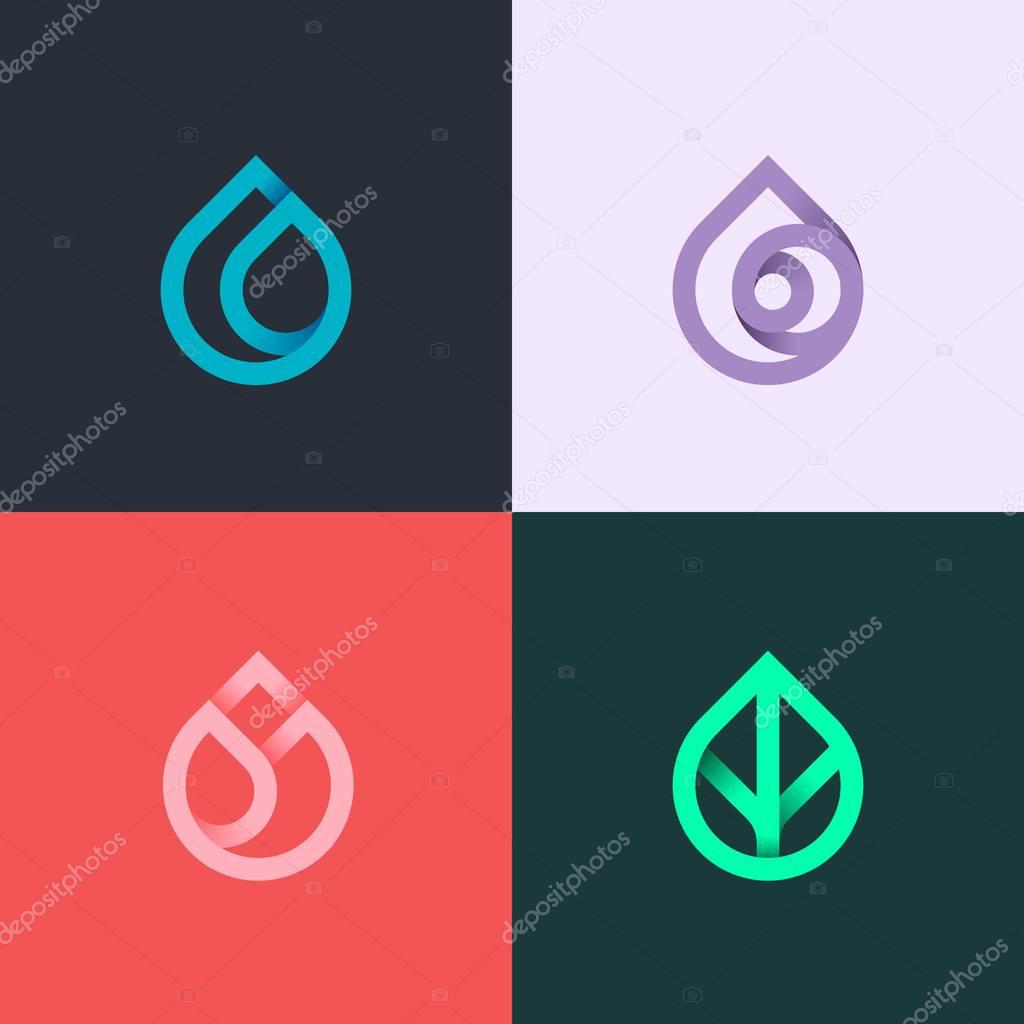 Nature elements. Water, Fire, Earth, Air. Gradient elements on dark background. Nature logo. Alternative energy sources. Fire Water Air Earth line logo. Eco logo.