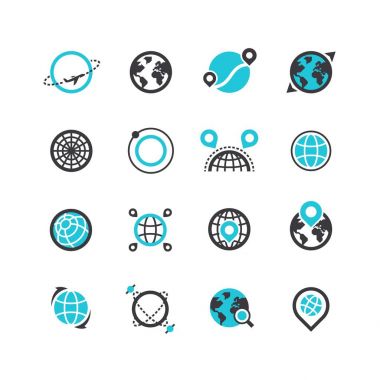 Siyah siluet ve çizgi simgeler gezegenlerin ve küresel konumlandırma sistemi. Parça ve yollar. Vektör logolar