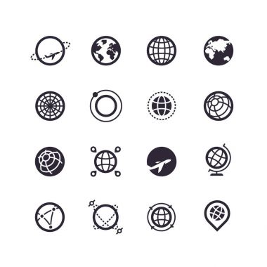 Siyah siluet ve çizgi simgeler gezegenlerin ve dünya. Vektör logolar