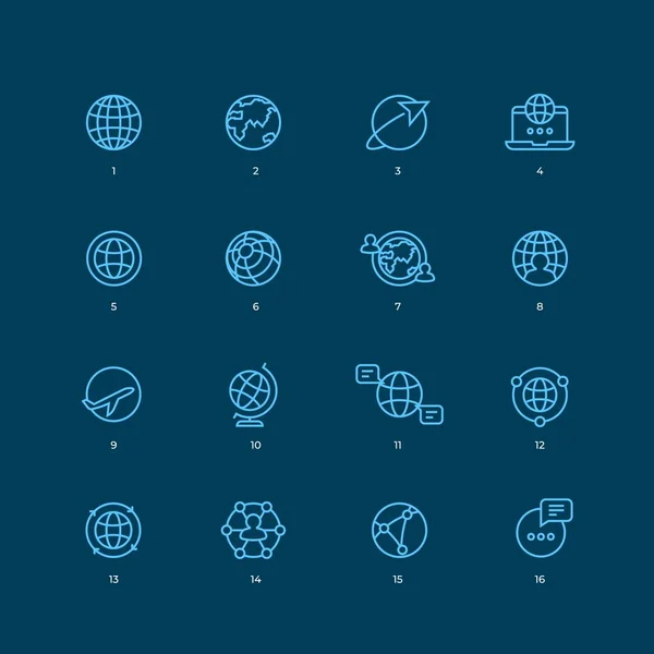De pictogrammen van de lijn van de planeten en de aarde. Wereldwijde communicatie en sociale pictogrammen. Verbinding concept. Vector logo — Stockvector