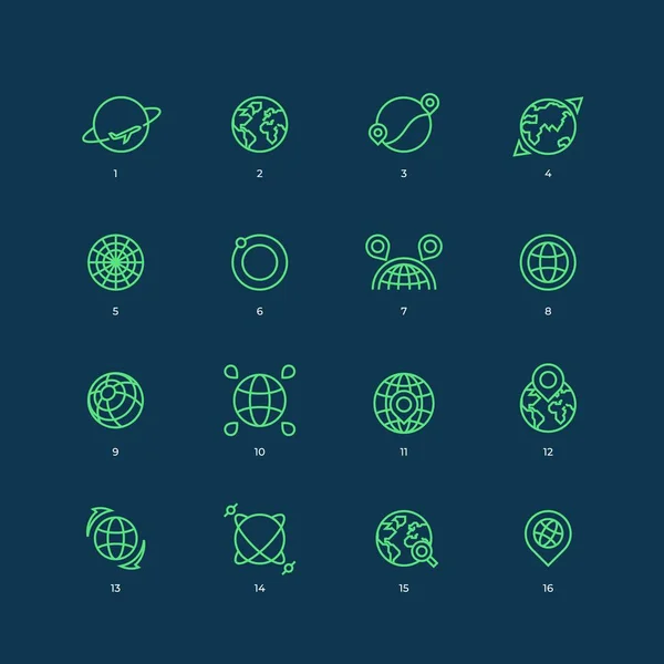Fullt redigerbara linje ikoner av planeter och globala positioneringssystem. Spår och rutter. Vektor logotyper — Stock vektor