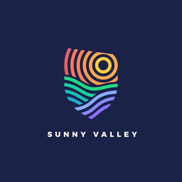 Linha arte emblema Sunny Valley. Logotipo de linha para quintais de vinho ou paisagem com colinas e listras — Vetor de Stock