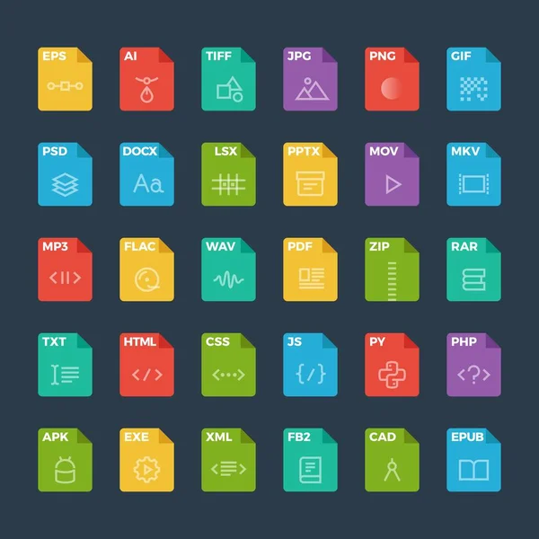 Conjunto de iconos planos vectoriales de formatos de archivo con iconos de esquema — Archivo Imágenes Vectoriales