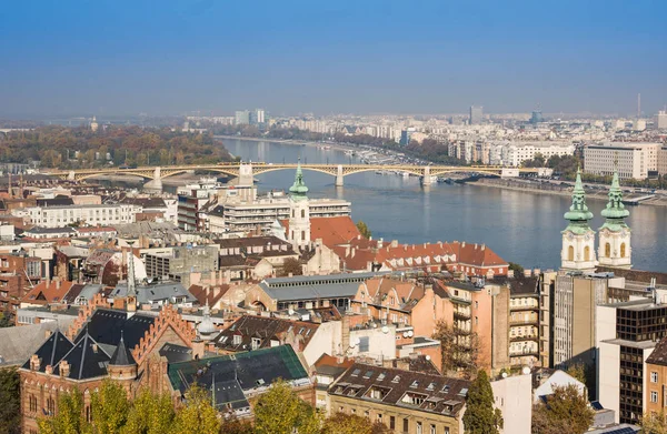 European landmarks. Panoramic view of Budapest with bell towers of the St. Anne's Church and Parliament , Hungary — Stock Photo, Image