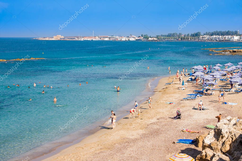 Paphos, Cyprus - July 16,2017: Municipal beach SODAP or Vrisoudia A