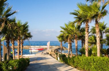Paphos, Kıbrıs - 12 Temmuz 2017: Banana boat, şişme yüzük ve tekneler Kiralık, Paphos