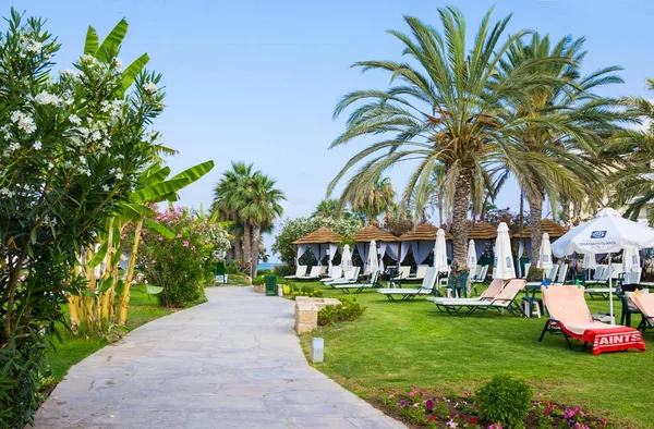 Paphos, Chypre - 20 juillet 2017 : Palm beach avec chaises longues vides contre le Constantinou Bros Athena Beach Hotel. L'hôtel a été entièrement rénové en hiver 10 / 11 — Photo