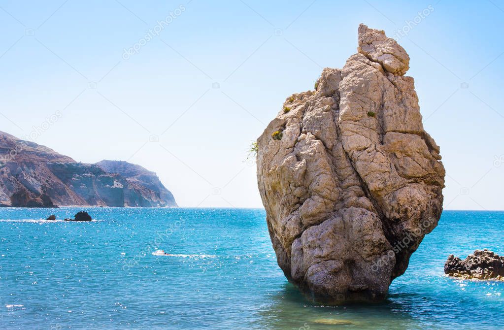 Love beach. Aphrodite's Rock - Aphrodite's birthplace near Paphos City. The rock of the Greek (Petra tou Romiou). Cyprus island