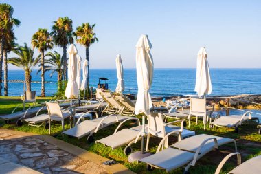 Akdeniz palm beach otel sabah, Paphos, Kıbrıs karşı boş şezlong ile