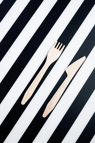 Eco Friendly Disposable Fork Knife Made Bamboo Striped Background — Stock Photo, Image