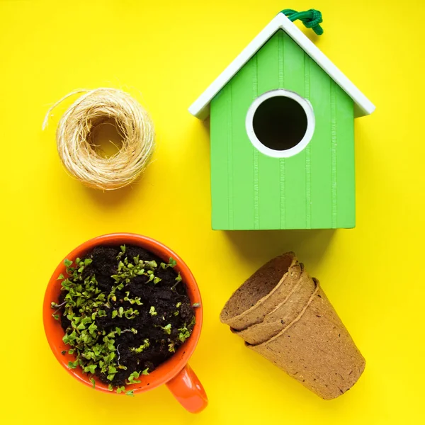 Birdhouse verde, germogli di mini verde in tazza, spago, annaffiatoio e trucioli di legno su giallo. Pronti per la stagione di semina . — Foto Stock