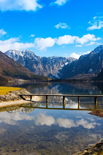 Manhã Inverno Lago Hallstatt Lago Mais Bonito Para Explorar Áustria Fotos De Bancos De Imagens