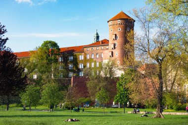 Cracow, Polonya - 25 Nisan 2016: Wawel Şatosu güneşli bir günde Polonya 'nın Krakow kentinde. Polonya 'nın en büyük mimarlarından biri, ortaçağ, rönesans ve barok dönemlerinin neredeyse tüm Avrupa mimari tarzlarını temsil etmektedir..