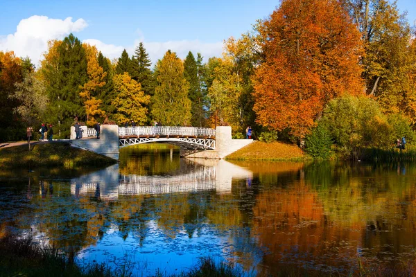 Pavlovsk Ryssland Oktober 2019 Höstpark Slavyanka Och Rådjursbron Solig Dag — Stockfoto