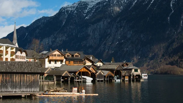 Traditional Wooden Boat Houses Hallstatt Mountain Village Hallstaetter Lake Salzkammergut — Stock Photo, Image
