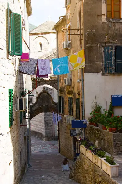 Multicolored Towels Hang Rope Street Old Town Kotor Montenegro — Stock Photo, Image