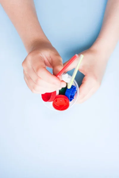 Danger Cocktail Plastic Bag Bottle Caps Colorful Straw Children Hands — Stock Photo, Image