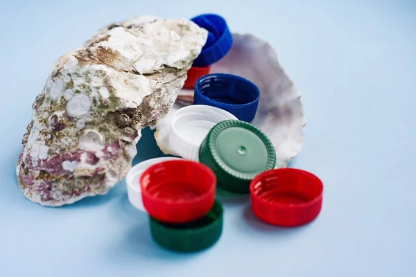 Seashell Oyster Colorful Plastic Bottle Caps Plastic Pollution Food Concept — Stock Photo, Image