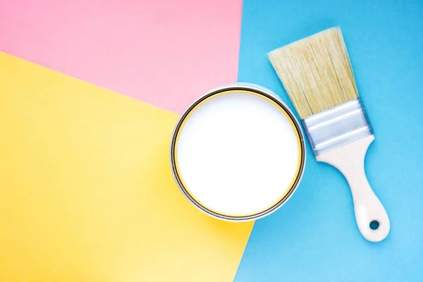 Open Metal Can White Paint New Brush Multi Colored Background Stock Image