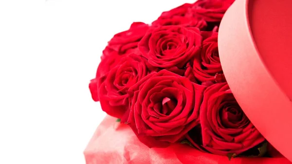 Luxury Red Roses Paper Hat Box Boom Heart White Romantic — Stock Photo, Image