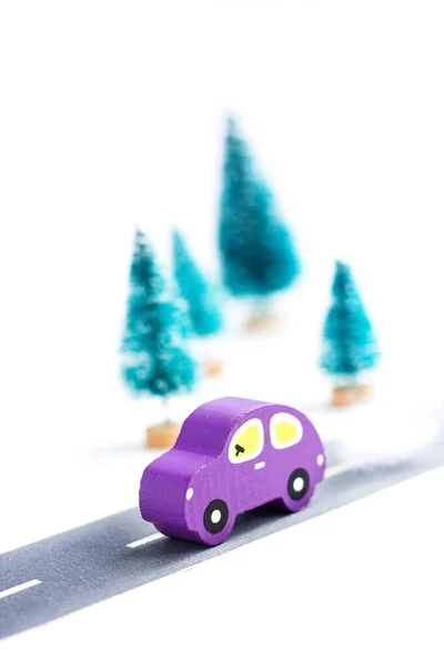 Wooden Car Paper Road Fir Trees White Background Traffic Country — Stock Photo, Image