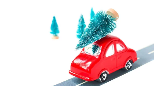 Red Toy Car Christmas Decoration Paper Road Preparation New Year — Stock Photo, Image