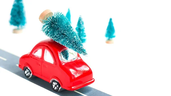 Red Toy Car Christmas Decoration Paper Road Preparation New Year — Stock Photo, Image
