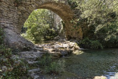 Köy, Rochecolombe, Ardèche bölgesi, Güney Fransa eski taş köprü