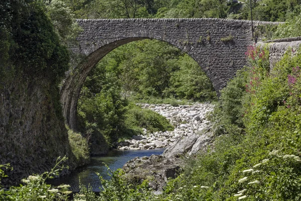 Vecchio ponte in pietra attraverso un piccolo fiume nel sud della Francia — Foto Stock