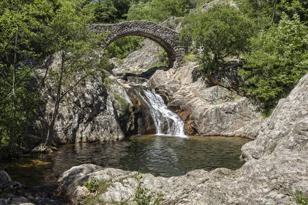 Vecchio ponte di pietra romana attraverso un piccolo fiume nel sud della Francia — Foto Stock