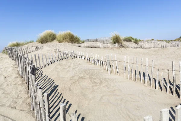 Paesaggio delle dune con recinzioni sulla spiaggia de L'espiguette nel quartiere Camargue, Francia meridionale — Foto Stock