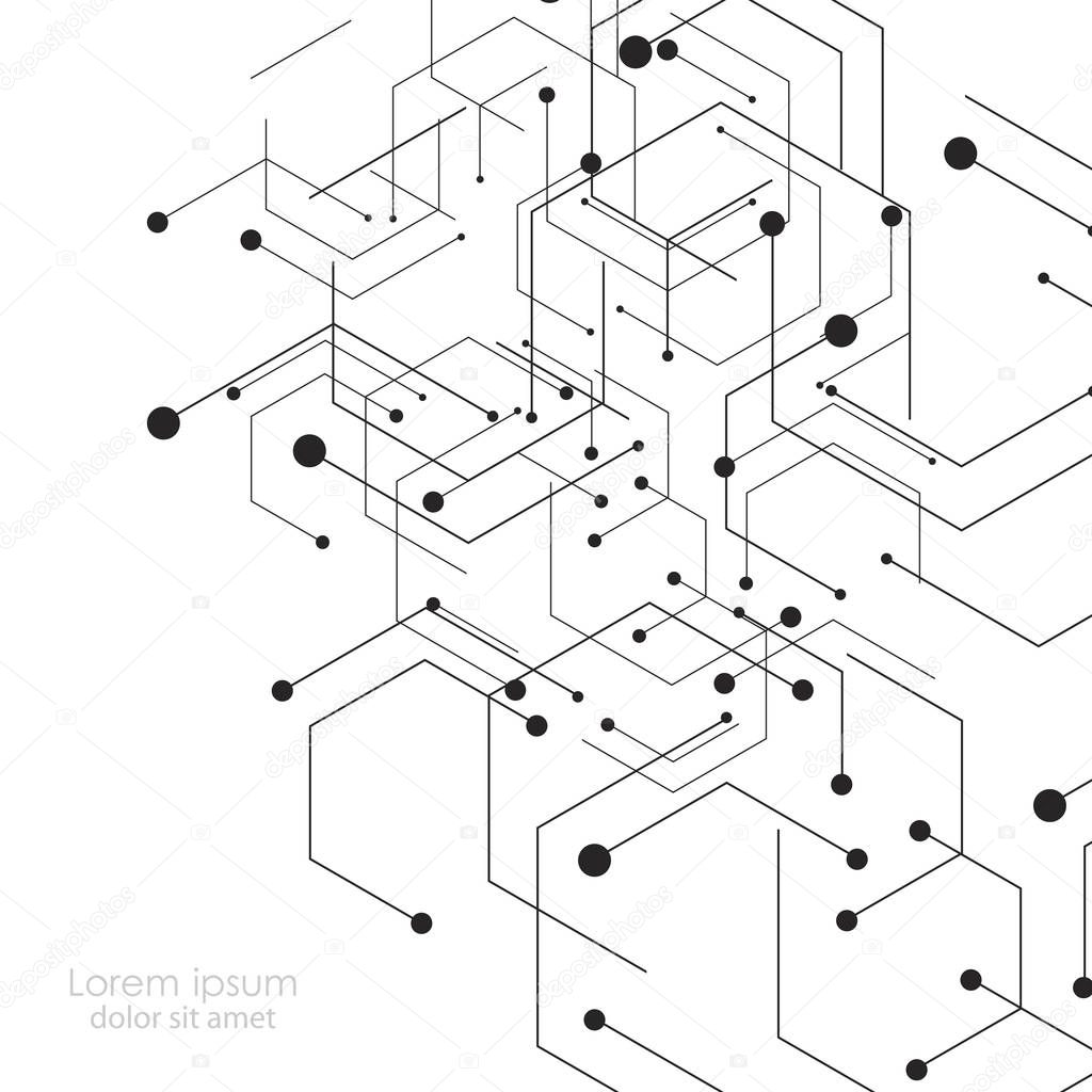 Hexagons genetic, science, chemical carcass. Vector connection and social network. Concept with lines and dots
