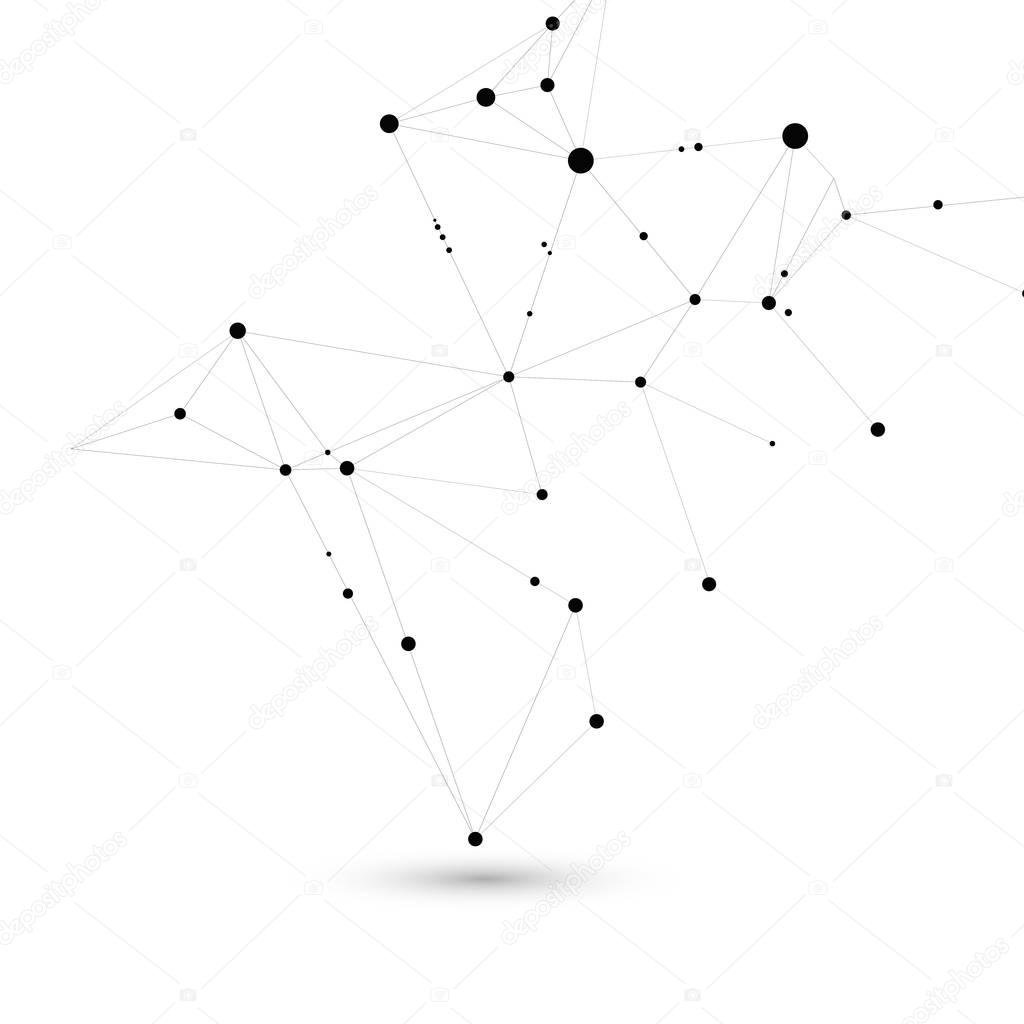 Stylish, polygonal pattern of connected black lines and dots on white background. Designed for use in new technology projects. Simple, beautiful, minimalistic, abstract background