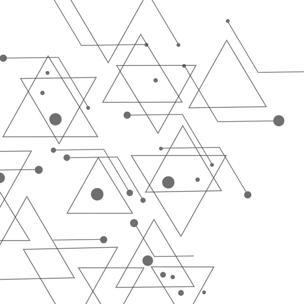 Basit modeli gelen üçgenler beyaz arka planda siyah noktalar ve çizgiler. Yeni teknoloji projelerde kullanılmak üzere tasarlanmış. Basit, minimalist, soyut arka plan — Stok Vektör
